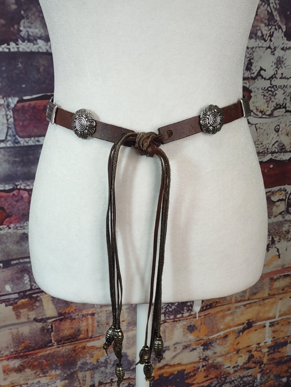 Southwestern Inspired Leather Tit Belt With Concho Accents